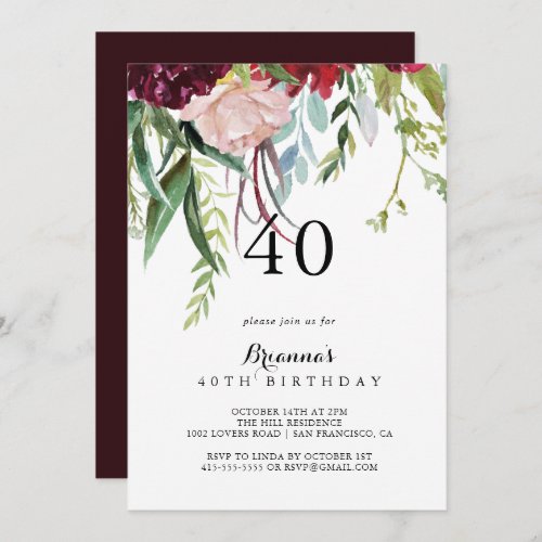 Luxury Whimsical Boho Floral 40th Birthday Party  Invitation