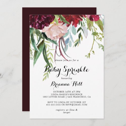 Luxury Whimsical Boho Floral Baby Sprinkle  Invitation