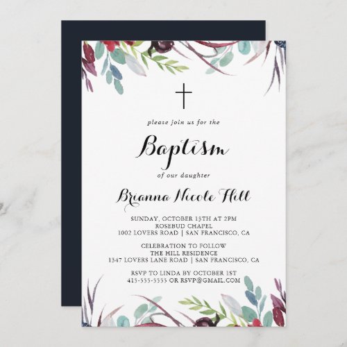 Luxury Whimsical Boho Floral Calligraphy Baptism  Invitation