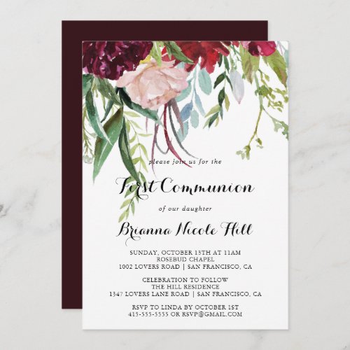 Luxury Whimsical Boho Floral First Communion Invitation