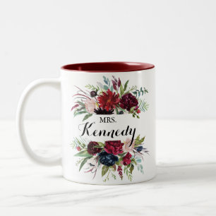 Luxury Whimsical Boho Floral Mrs Newlywed Bride  Two-Tone Coffee Mug