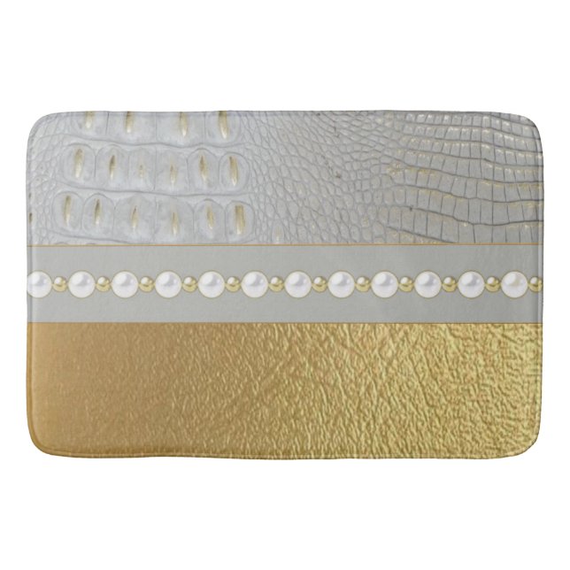 Luxury White and Gold Alligator Hide Pearls  Bath Mat (Front)