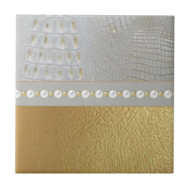 Luxury White and Gold Alligator Hide Pearls  Ceramic Tile (Front)