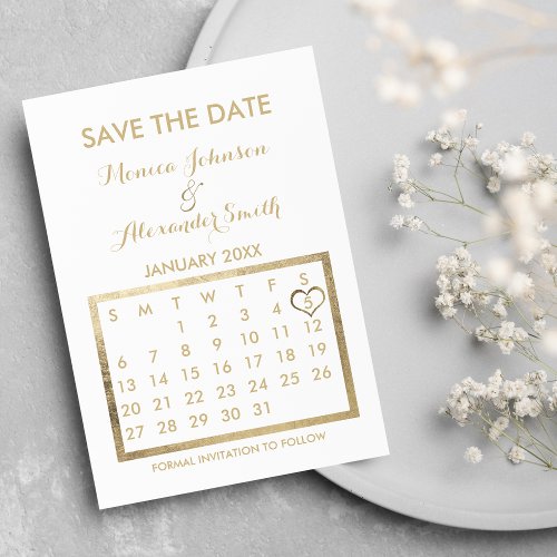Luxury White and Gold Calendar Save the Date Announcement Postcard