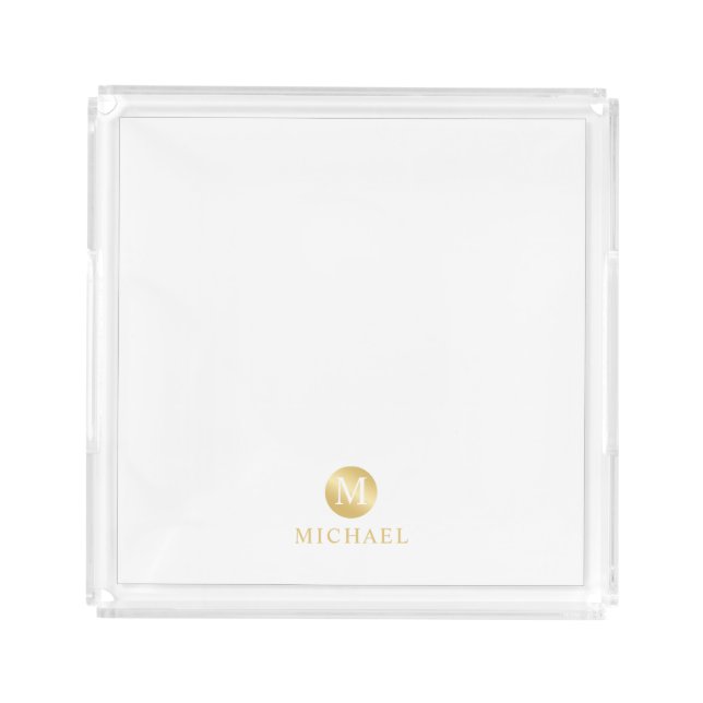 Luxury White and Gold Personalized Monogram Acrylic Tray (Front)
