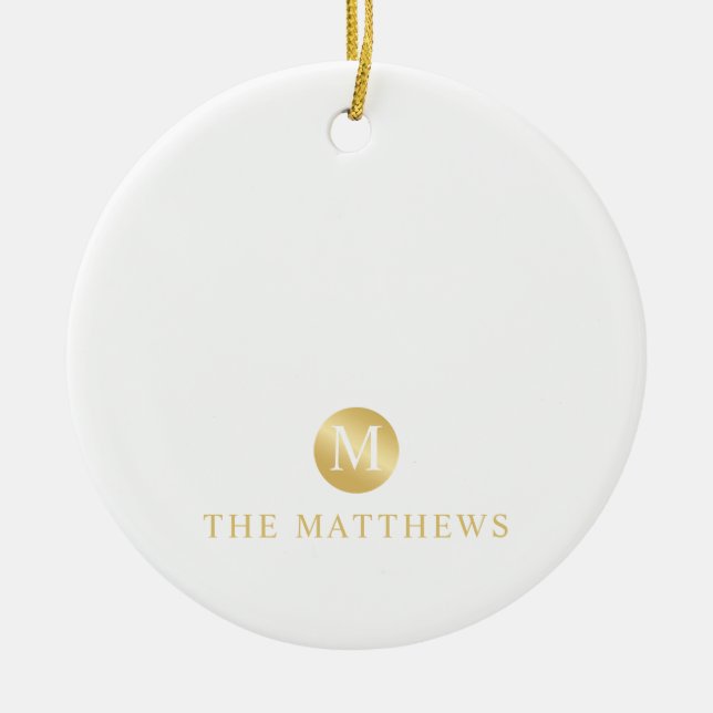 Luxury White and Gold Personalized Monogram Ceramic Ornament (Front)