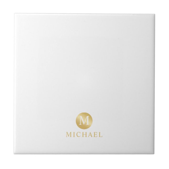 Luxury White and Gold Personalized Monogram Ceramic Tile (Front)