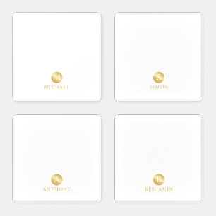 Luxury White and Gold Personalized Monogram Coaster Set