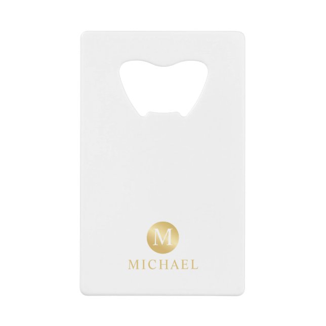 Luxury White and Gold Personalized Monogram Credit Card Bottle Opener (Front)