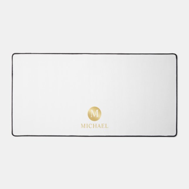 Luxury White and Gold Personalized Monogram Desk Mat (Front)