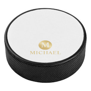 Luxury White and Gold Personalized Monogram Hockey Puck