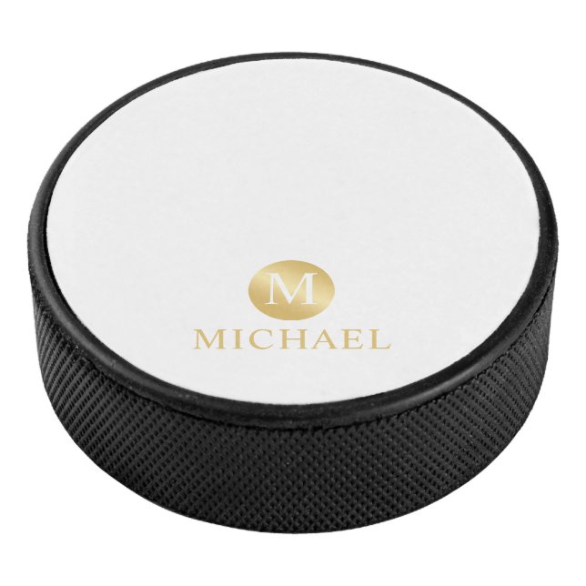 Luxury White and Gold Personalized Monogram Hockey Puck (3/4)