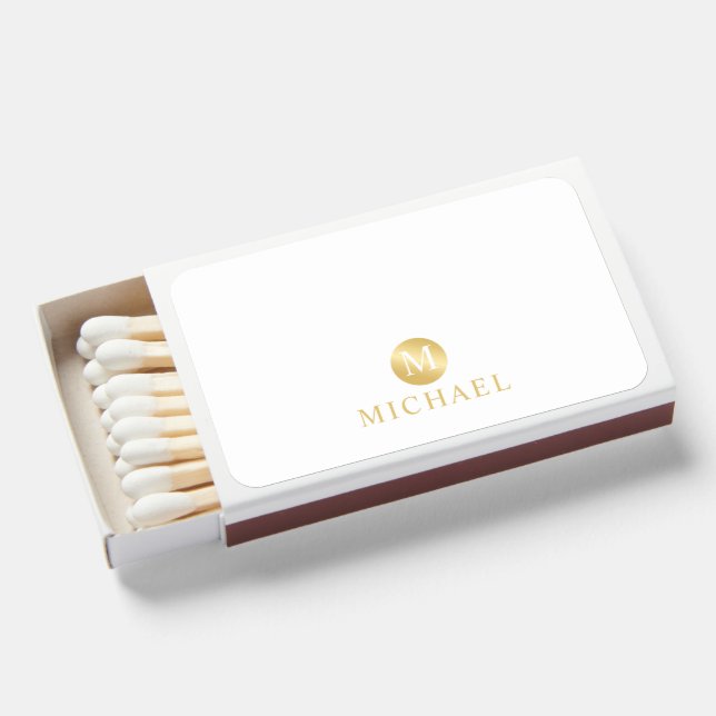 Luxury White and Gold Personalized Monogram Matchboxes (Front Open)