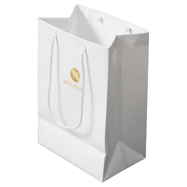 Luxury White and Gold Personalized Monogram Medium Gift Bag (Front Angled)