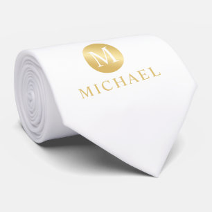 Luxury White and Gold Personalized Monogram Neck Tie