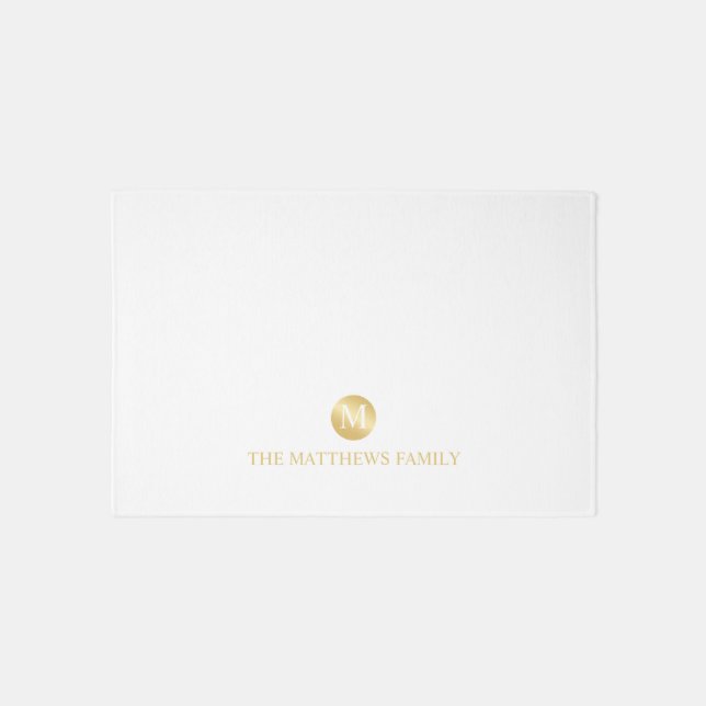 Luxury White and Gold Personalized Monogram Outdoor Rug (Front)