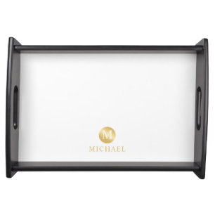 Luxury White and Gold Personalized Monogram Serving Tray