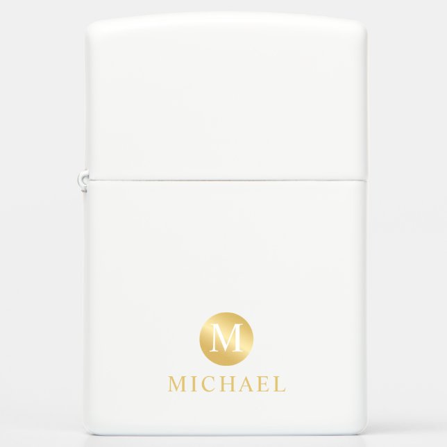 Luxury White and Gold Personalized Monogram Zippo Lighter (Front)