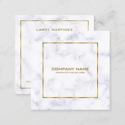 Luxury white and gray marble simple gold frame square business card