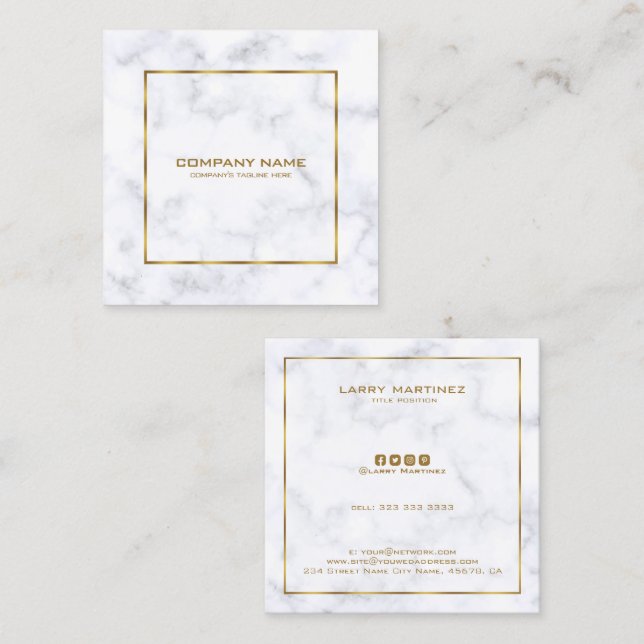 Luxury white and gray marble simple gold frame square business card (Front/Back)