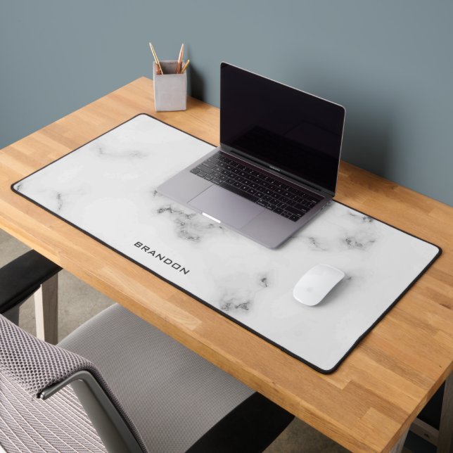 Luxury white and gray marble texture monogram desk mat (Office 2)