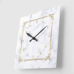 Luxury white and gray marble vintage gold frame square wall clock