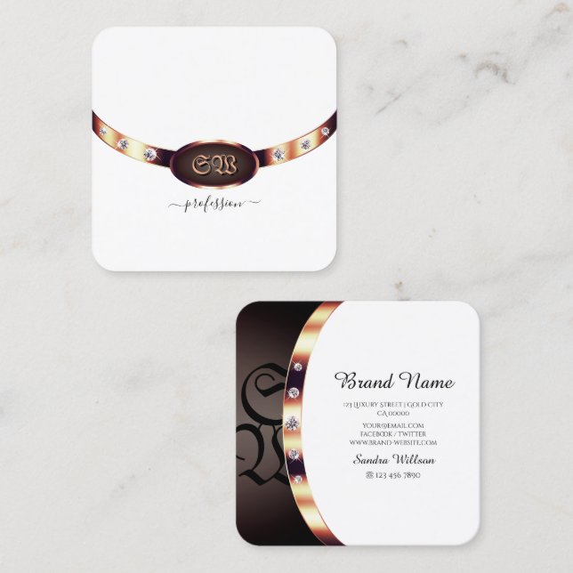 Luxury White and Rose Gold with Jewels Monogrammed Square Business Card (Front/Back)