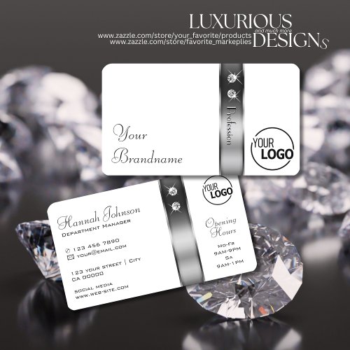 Luxury White and Silver Decor Diamonds add Logo Business Card