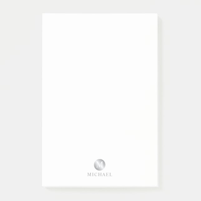 Luxury White and Silver Personalized Monogram Post-it Notes (Front)