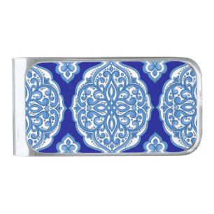 Luxury white-blue, Turkish ornament. Silver Finish Money Clip