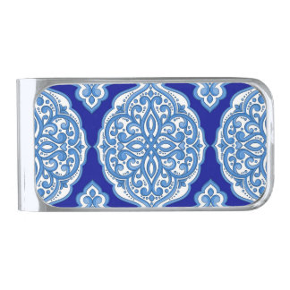 Luxury white-blue, Turkish ornament. Silver Finish Money Clip