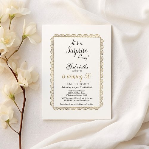 Luxury white chic gold floral lace Surprise Party  Invitation