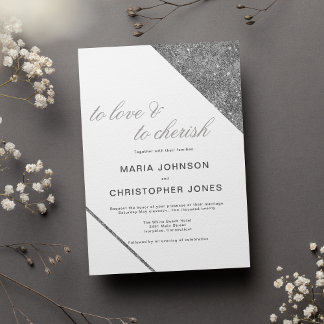 Luxury white classic script silver glitter wedding invitation