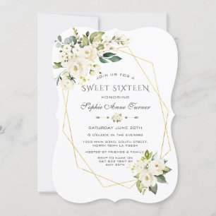 Luxury White Cream Floral Gold Frame Sweet Sixteen Invitation