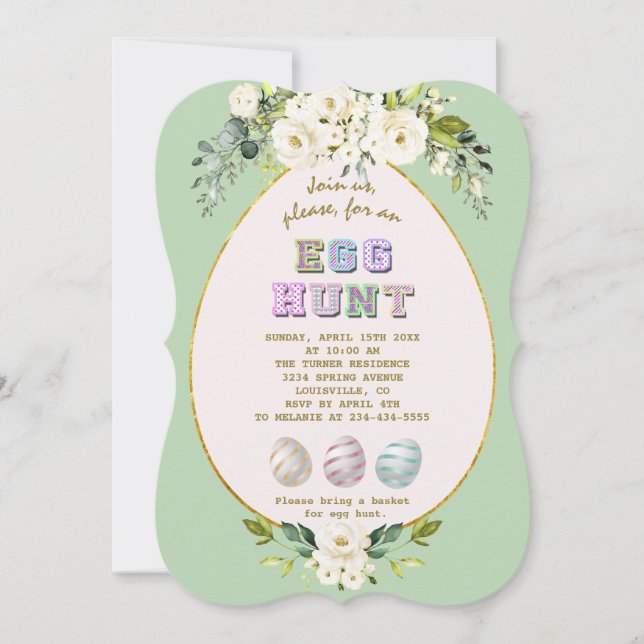 Luxury White Cream Flowers Gold Egg Hunt Easter Invitation (Front)