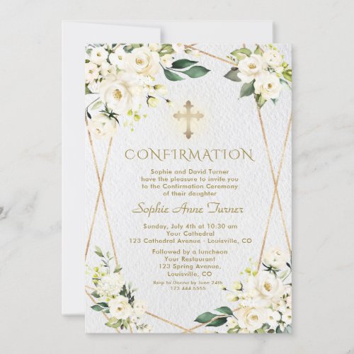 Luxury White Cream Flowers Gold Girl Confirmation Invitation