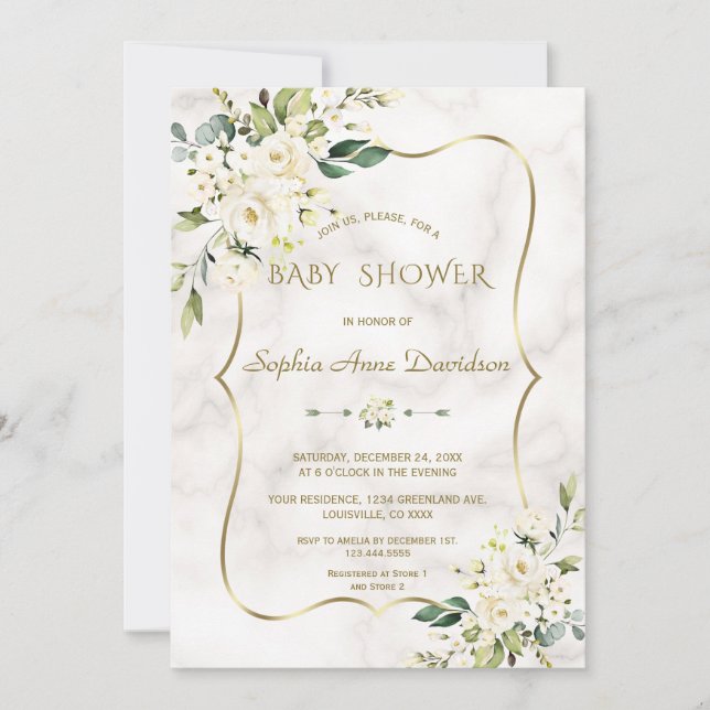 Luxury White Cream Flowers Gold Marble Baby Shower Invitation (Front)