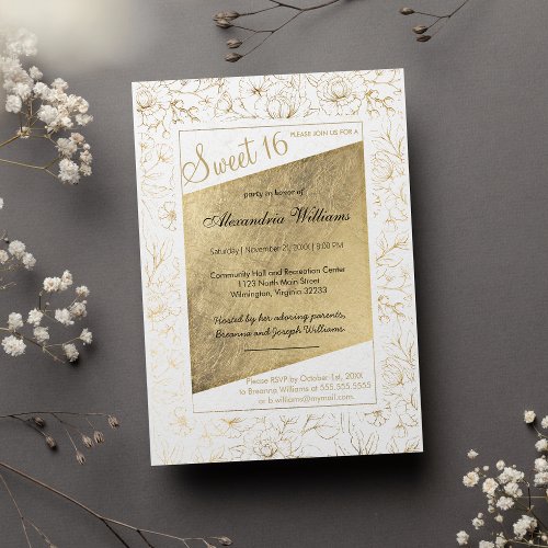 Luxury White Elegant Gold Glitter Floral Sweet 16 Invitation Postcard