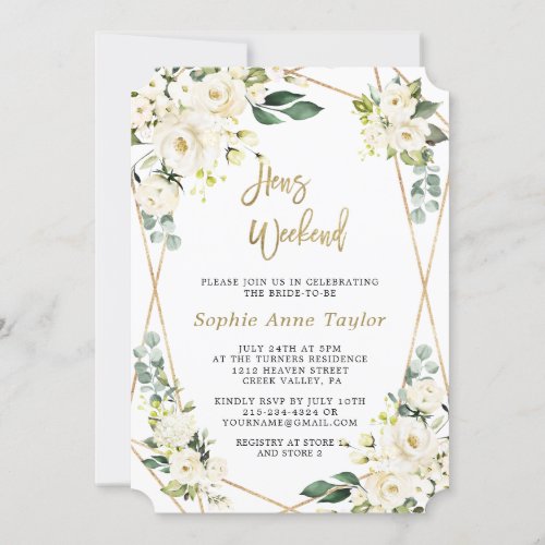 Luxury White Floral Gold Bachelorette Weekend Invitation