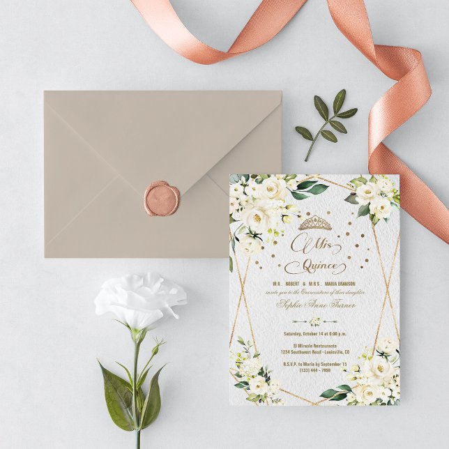 Luxury White Floral Gold Mis Quince Quinceañera Invitation (Creator Uploaded)