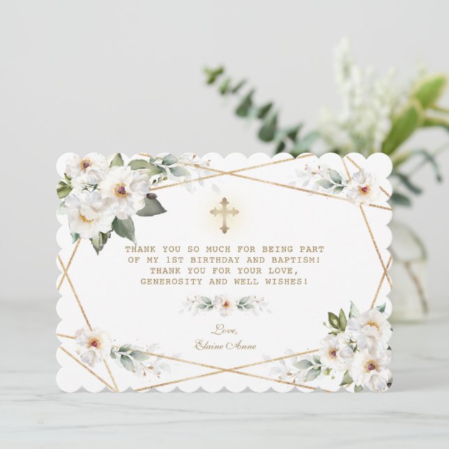 Luxury White Flowers 1st Birthday Baptism Thank You Card (Standing Front)