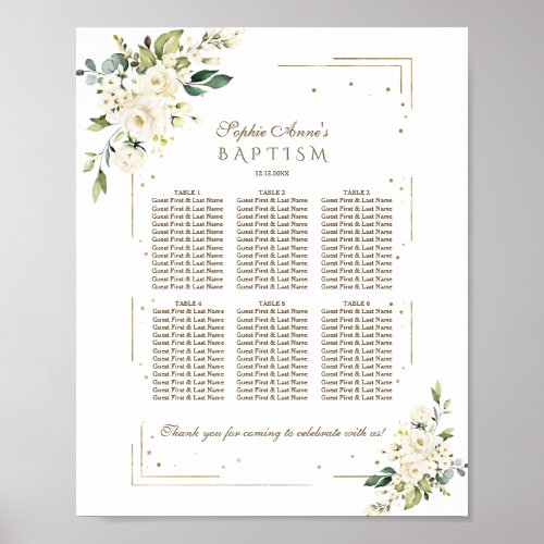 Luxury White Flowers Gold Baptism Seating Chart
