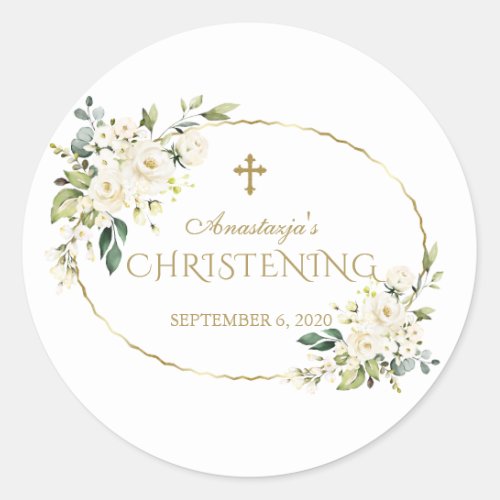 Luxury White Flowers Gold Christening Classic Round Sticker