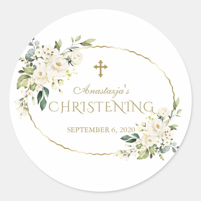 Luxury White Flowers Gold Christening Classic Round Sticker (Front)