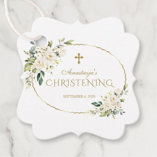 Luxury White Flowers Gold Christening Favor Tags