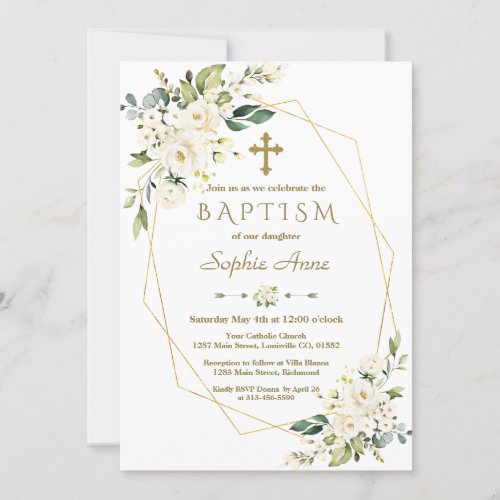 Luxury White Flowers Gold Cross Frame Baptism Invitation