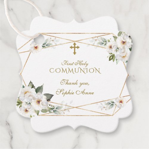 Luxury White Flowers Gold Cross Holy Communion  Favor Tags