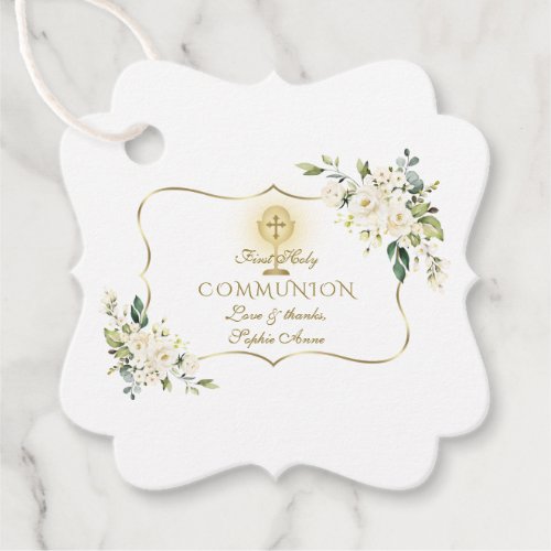 Luxury White Flowers Gold Cross Holy Communion Favor Tags
