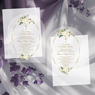 Luxury White Flowers Gold First Holy Communion Acrylic Invitations