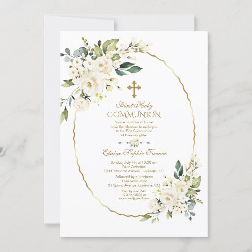 Luxury White Flowers Gold First Holy Communion Invitation
